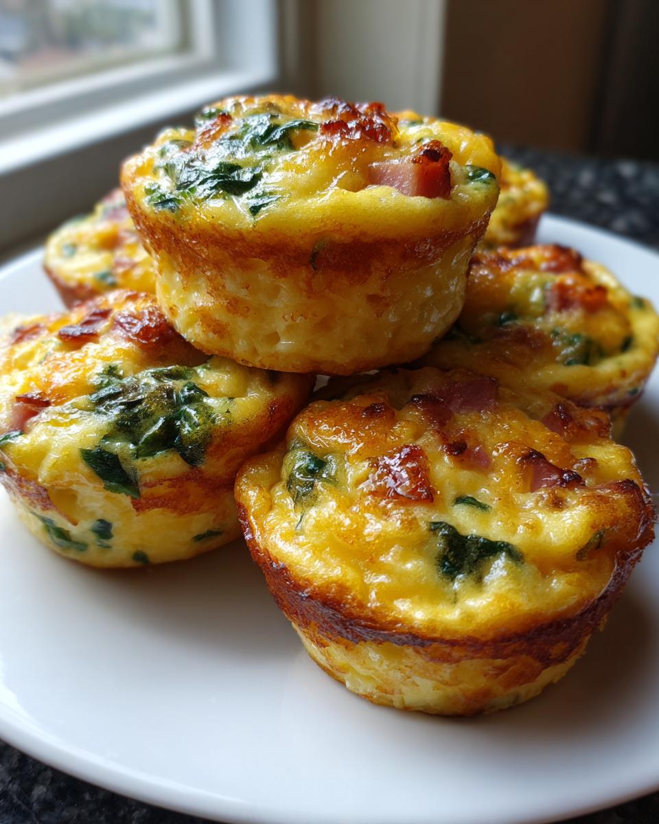 A stack of five golden brown baked egg bites, filled with spinach and ham, ready for breakfast.