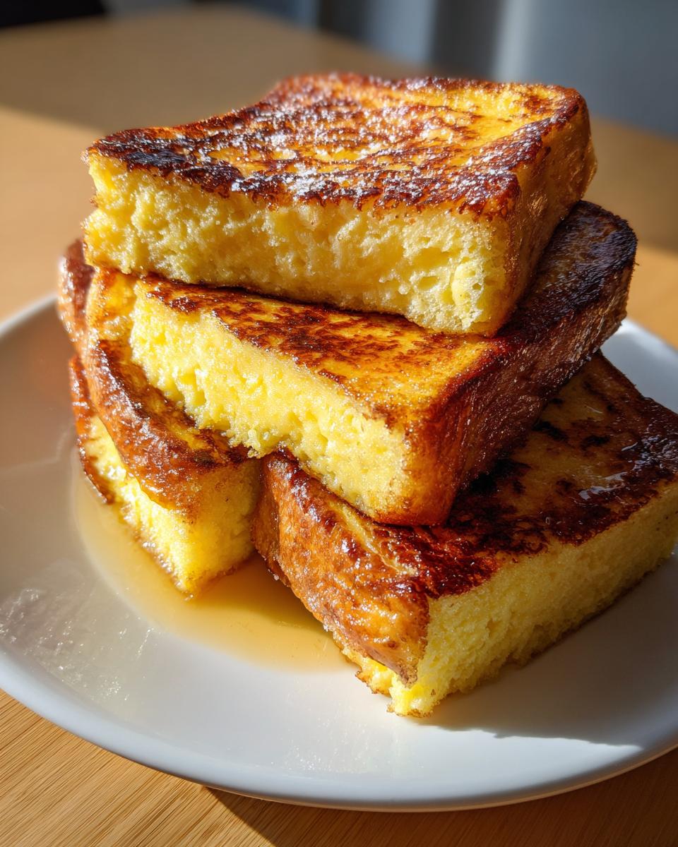 A stack of four thick, golden brown slices of french toast resting on a white plate with syrup pooling underneath.