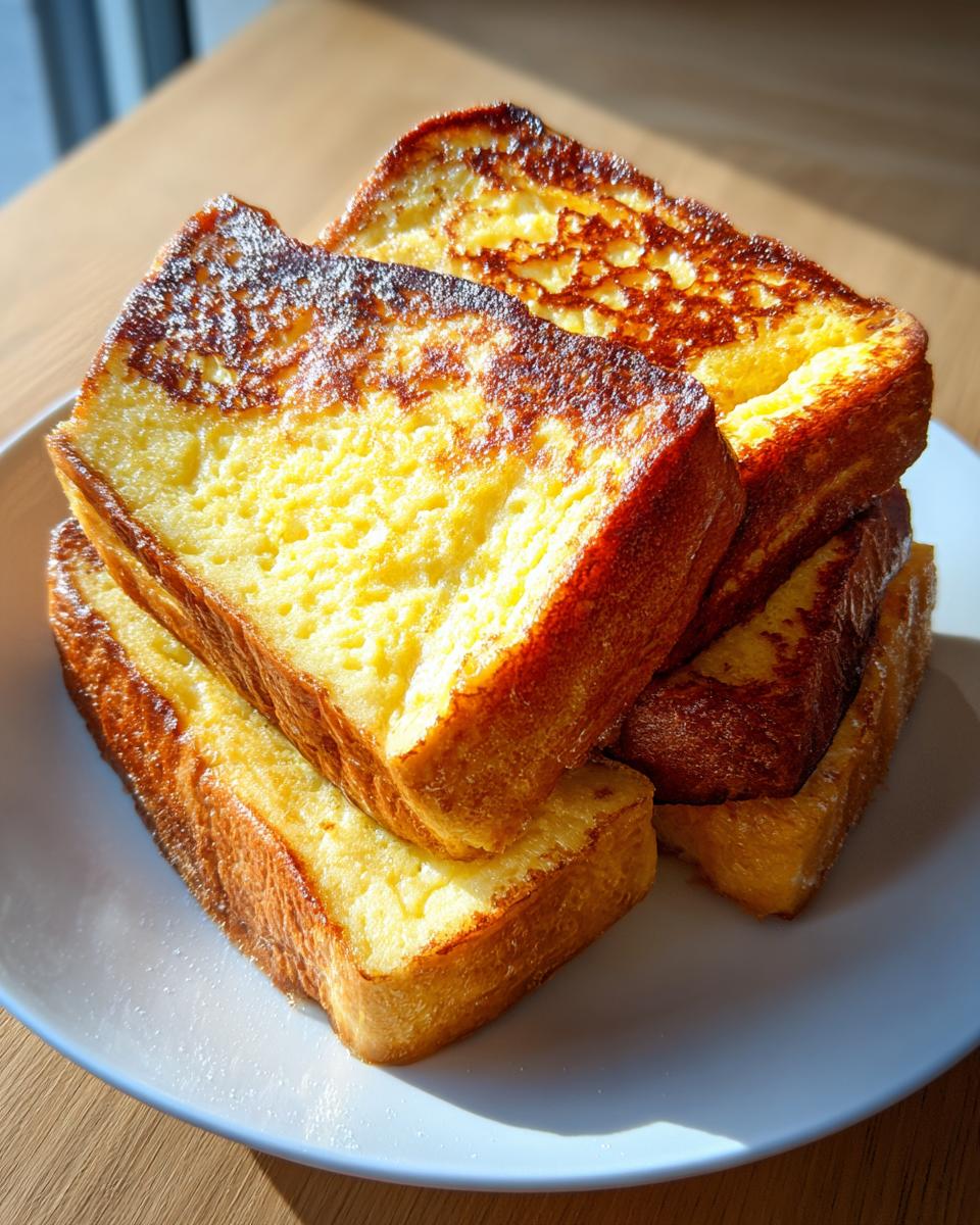 A stack of thick, golden-brown slices of amazing french toast resting on a white plate.