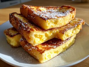 A stack of four thick-cut, golden brown french toast pieces dusted with powdered sugar on a white plate.