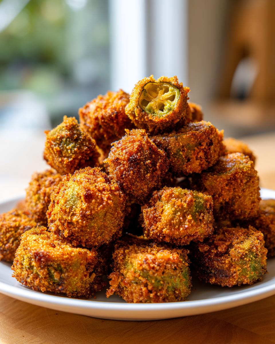 A tall pile of golden brown, crispy fried okra pieces served on a white plate, with one piece showing the green interior.