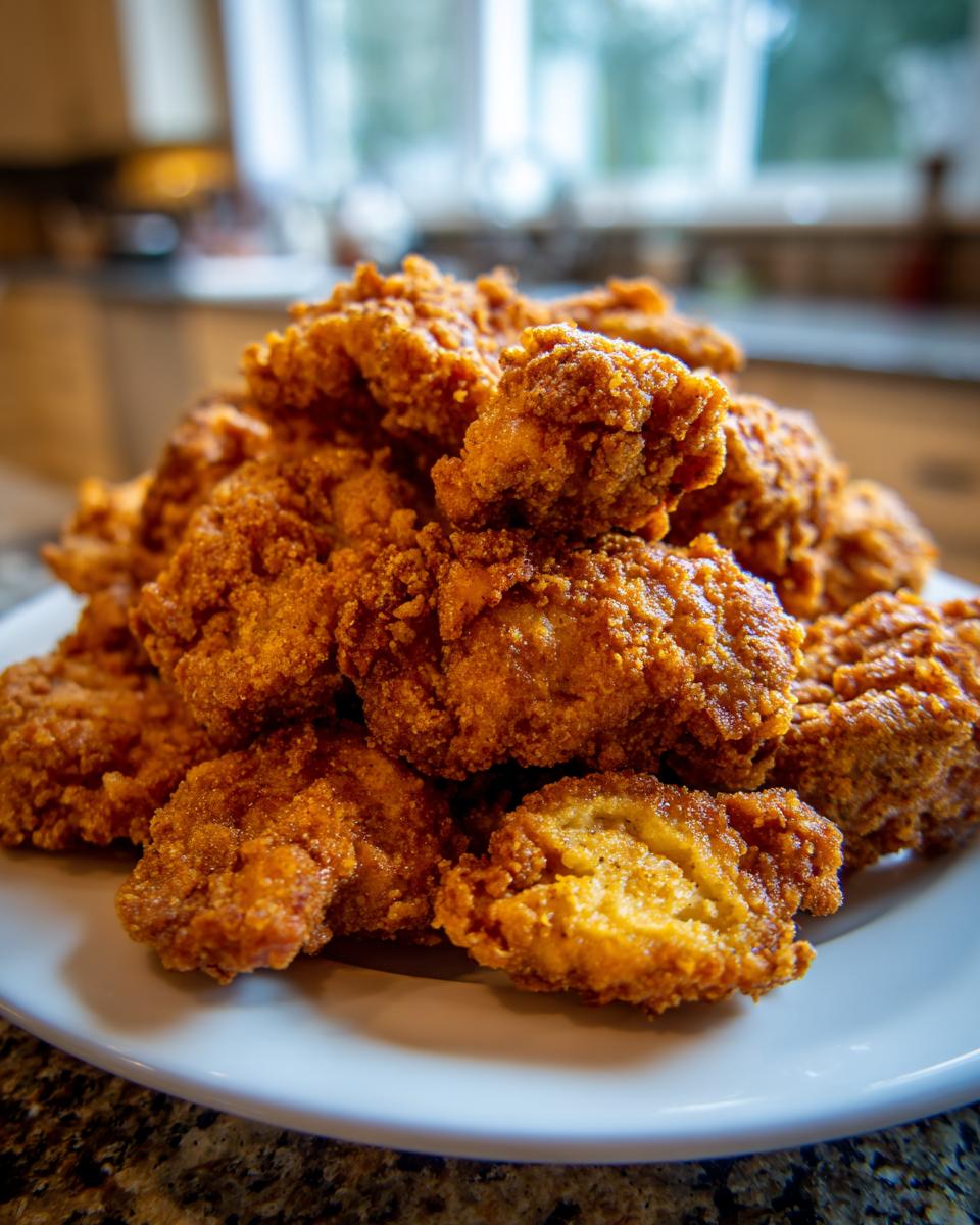 A close-up shot of a large pile of golden brown, crispy fried okra served on a white plate.