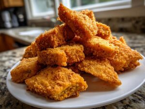 A close-up stack of perfectly golden brown, crispy fried okra pieces served on a white plate.