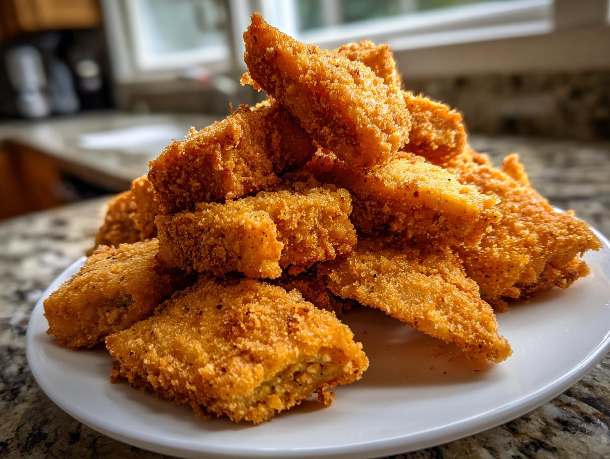 A close-up stack of perfectly golden brown, crispy fried okra pieces served on a white plate.