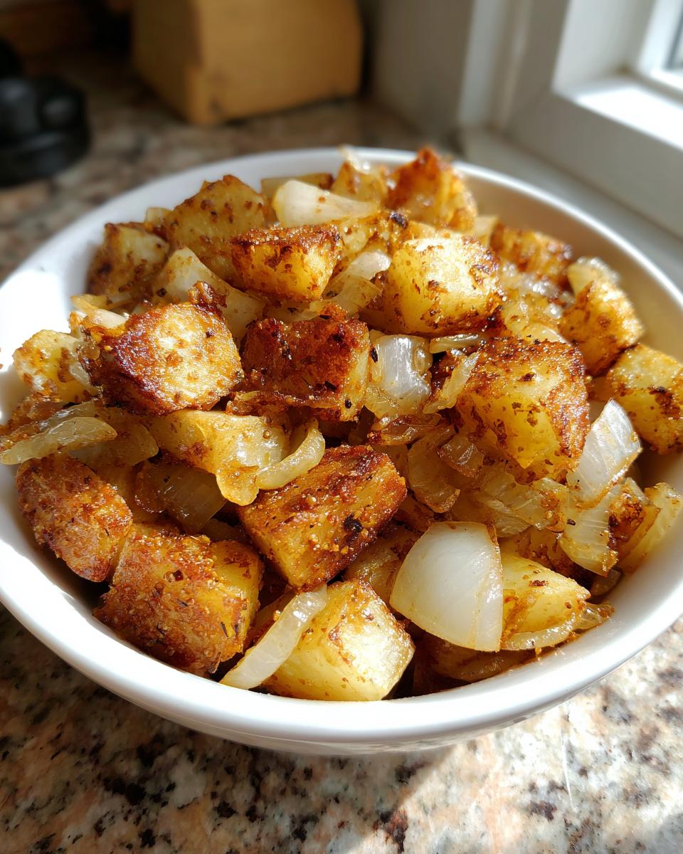 Close-up of golden brown, seasoned fried potatoes mixed with caramelized onions served in a white bowl.