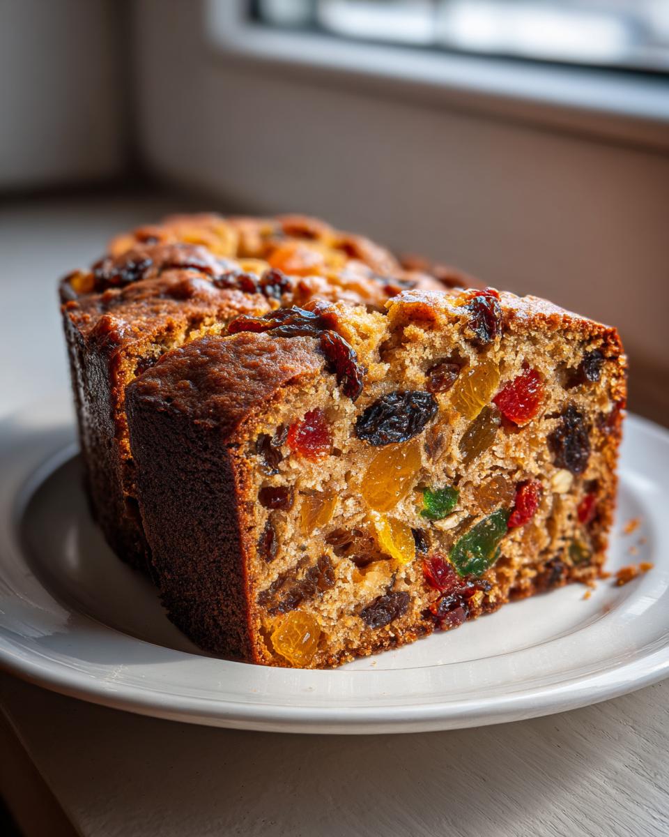 A dense, moist loaf of fruit cake recipe packed with colorful candied and dried fruits, sitting on a white plate.