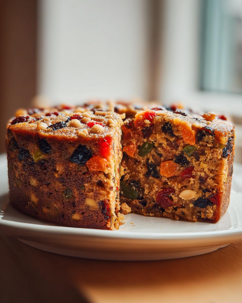 A rich, moist slice cut from a homemade fruit cake recipe, packed with colorful dried fruits and nuts.