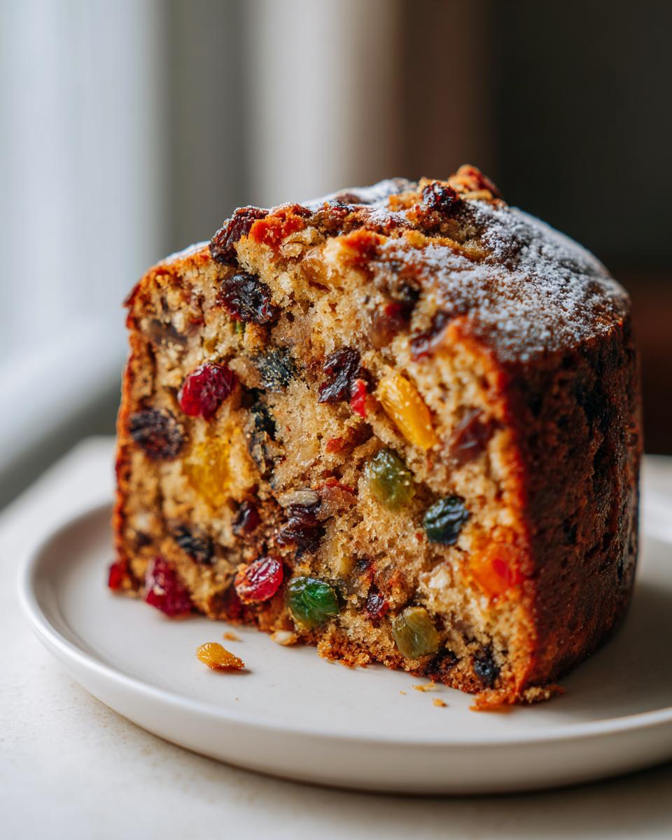 Close-up of a thick slice of moist fruit cake recipe, studded with colorful candied fruits and dusted with powdered sugar.