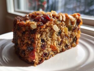 Close-up of a rich, moist slice of fruit cake recipe loaded with dried fruits and nuts, sitting on a white plate.