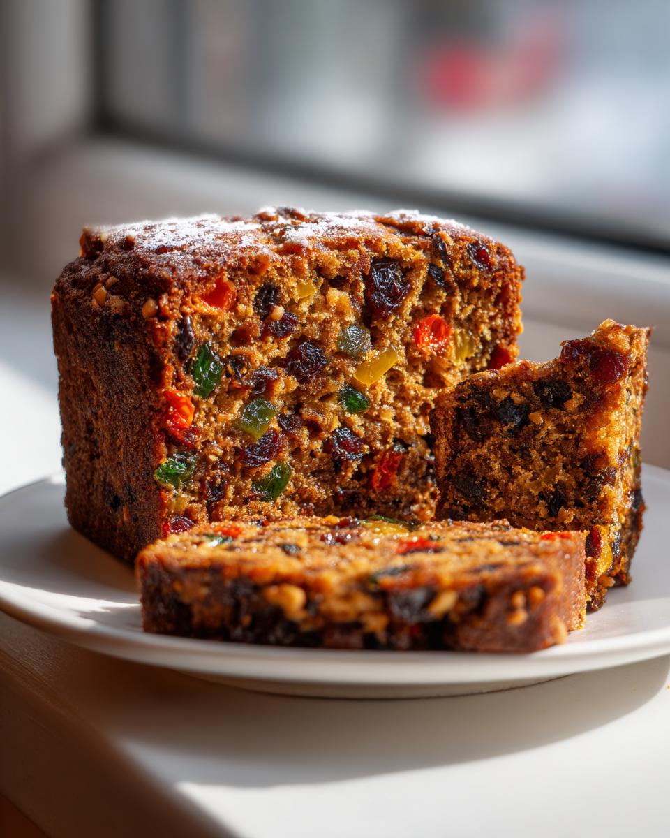 A rich, dark fruit cake recipe loaf, partially sliced, showing candied fruit and raisins, dusted with powdered sugar.