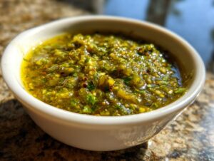 Close-up of chunky, vibrant green tomato salsa, glistening with oil, served in a small white bowl.