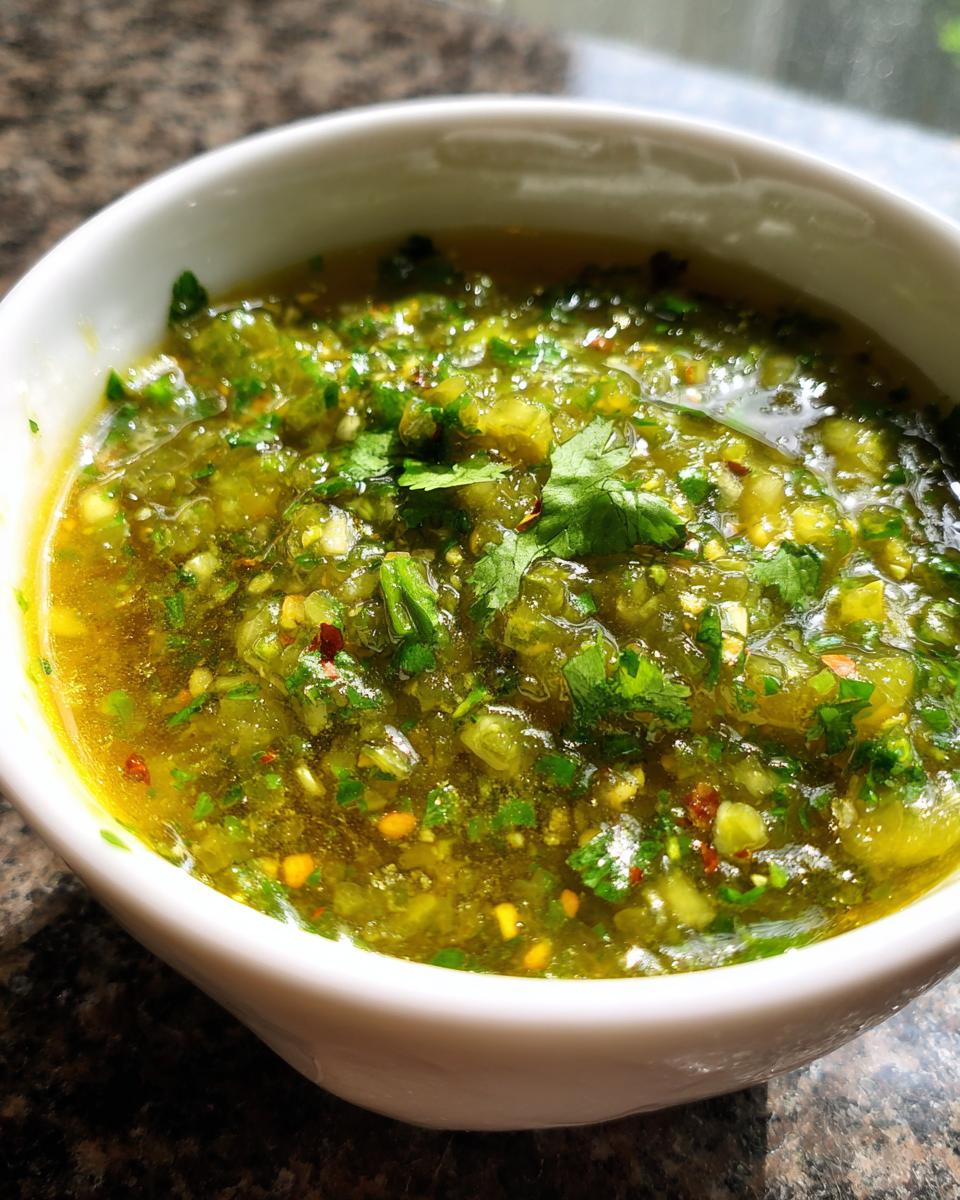 Close-up of chunky, vibrant green tomato salsa garnished with cilantro, sitting in a small white bowl.
