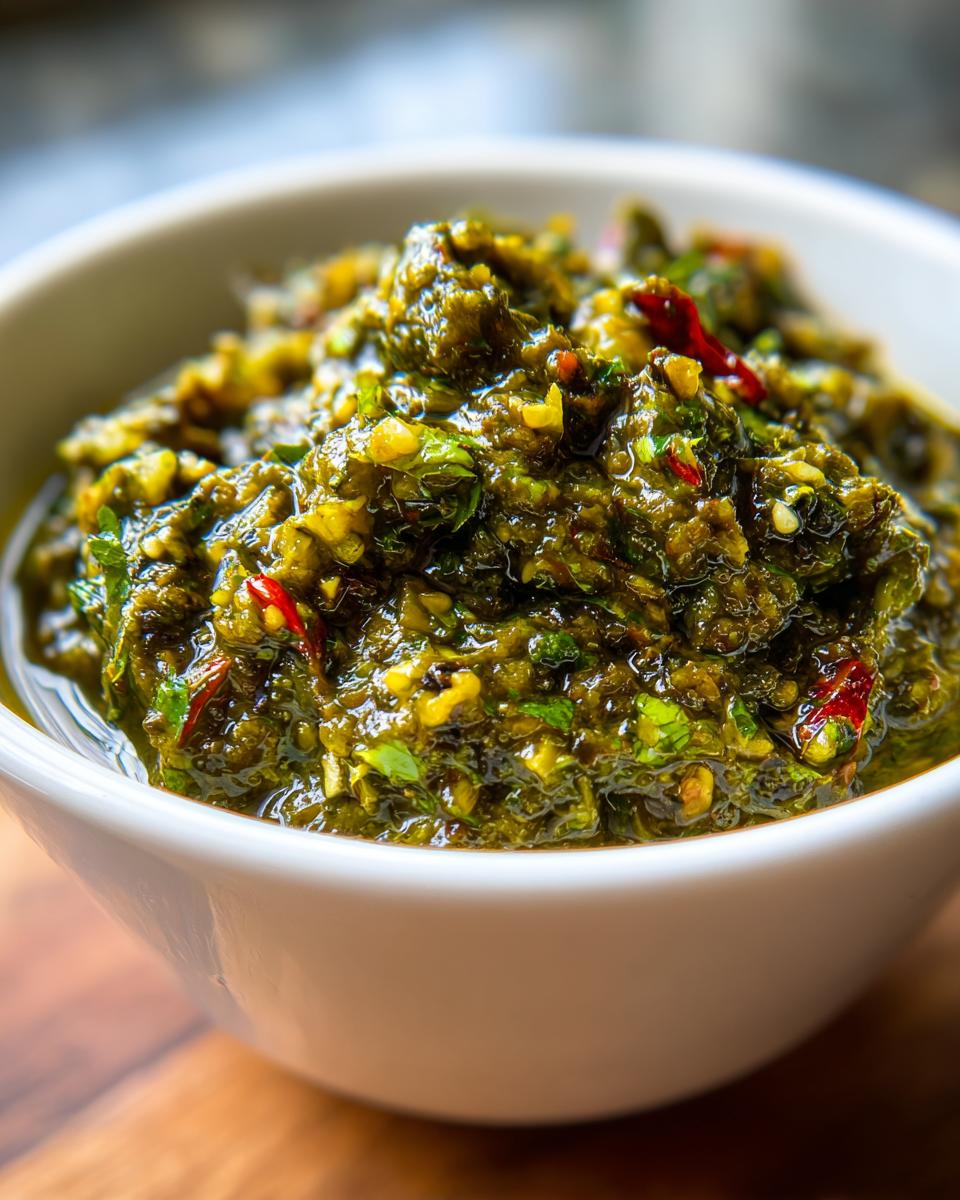 A close-up of thick, chunky, dark green tomato salsa with visible red chili flakes in a white bowl.