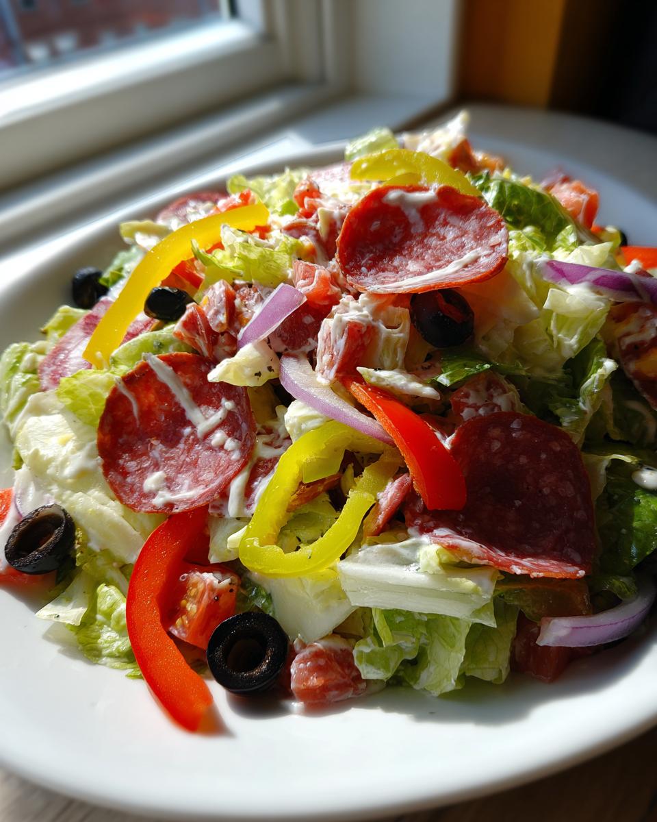 Close-up of a vibrant grinder salad featuring lettuce, salami, red onion, peppers, and creamy dressing on a white plate.