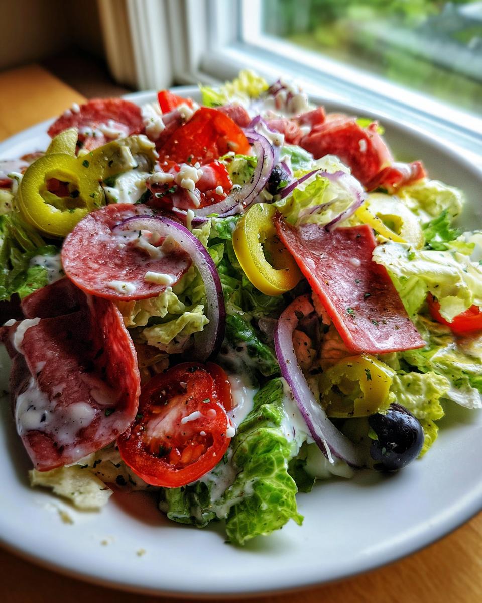 Close-up of a vibrant grinder salad featuring lettuce, salami, red onion, tomatoes, pepperoncini, and creamy dressing.
