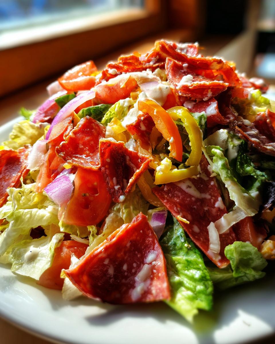 Close-up of a vibrant grinder salad piled high with lettuce, salami, tomatoes, onions, and creamy dressing.