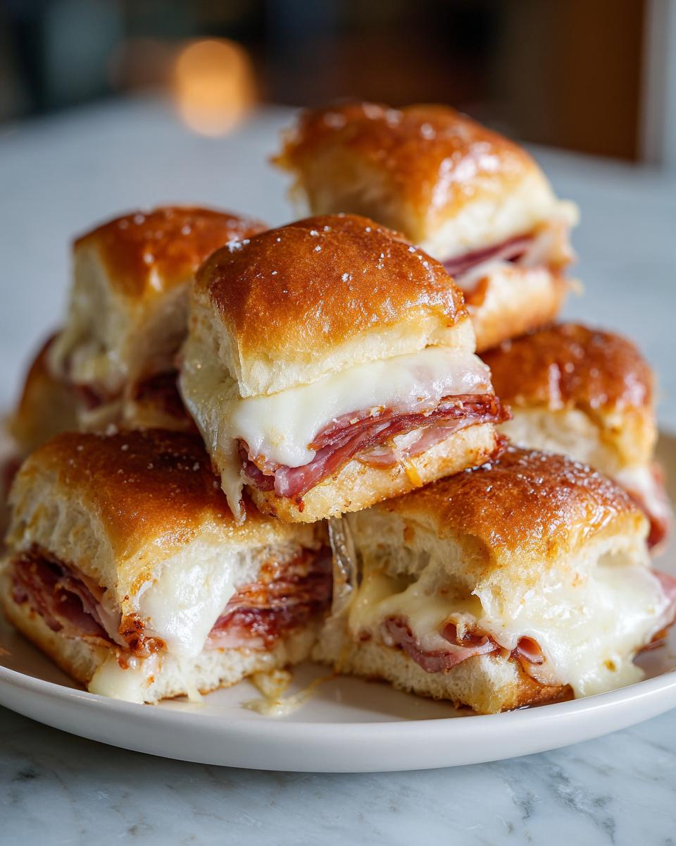A stack of warm, cheesy grinder sliders piled high on a white plate, featuring melted provolone and cured meats.