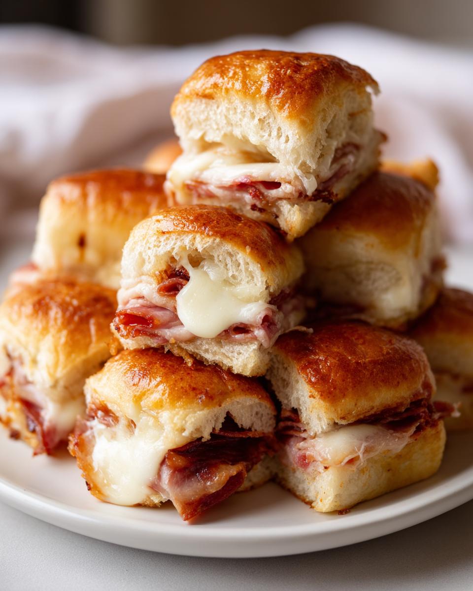 A stack of baked grinder sliders showing melted white cheese oozing out between layers of meat and soft, golden buns.