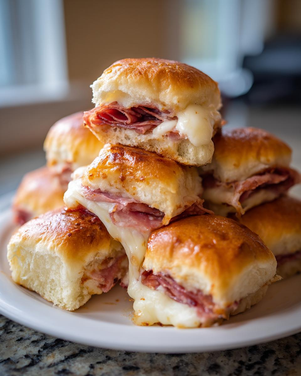 A stack of warm, cheesy grinder sliders featuring melted white cheese oozing out between layers of deli meat and soft rolls.
