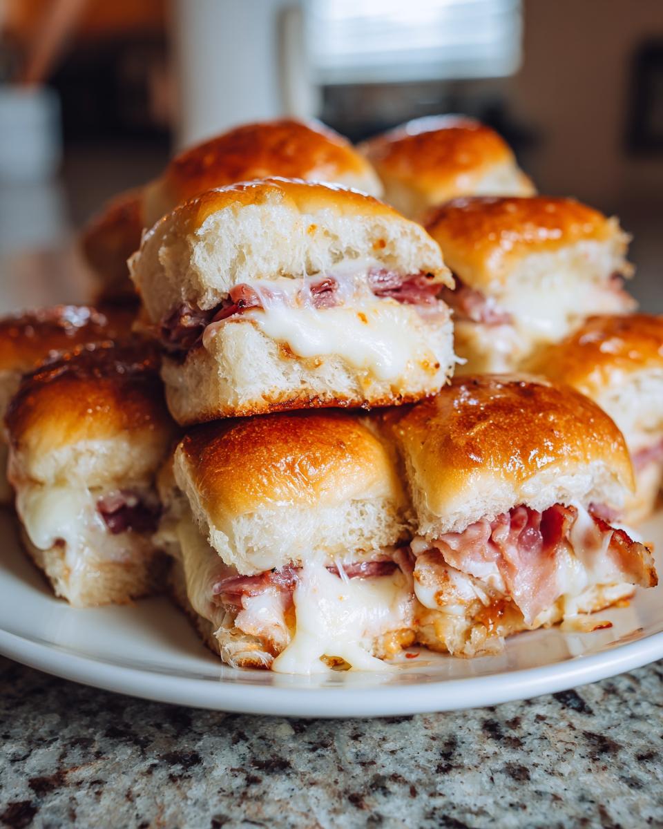 A close-up stack of freshly baked grinder sliders filled with ham and gooey melted white cheese.