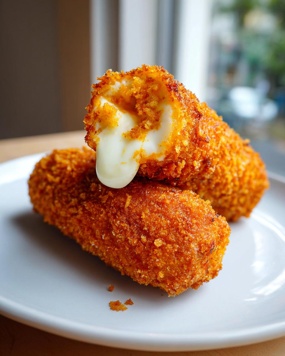 Close-up of a crispy, golden-brown Korean corn dog cut open, showing melted mozzarella cheese stretching out.