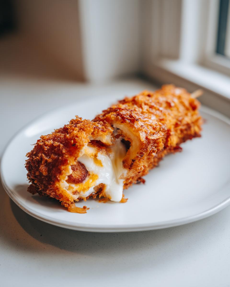 Close-up of a crispy Korean corn dog cut open, showing a hot dog center surrounded by melted, stretchy mozzarella cheese.