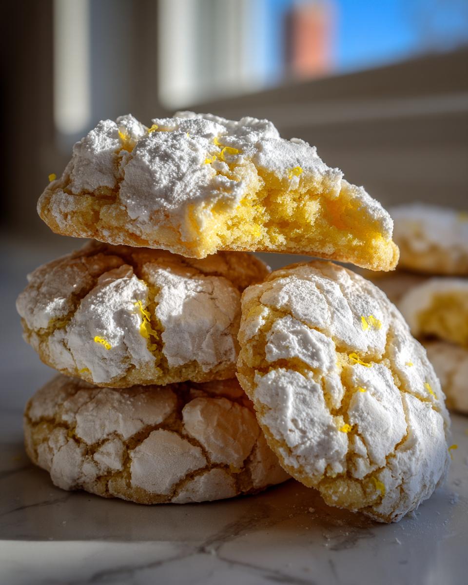 A stack of bright yellow lemon crinkle cookies heavily dusted with powdered sugar, with one cookie broken open to show the soft interior.