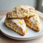Three freshly baked lemon scones stacked on a white plate, drizzled with white glaze and topped with bright yellow lemon zest.