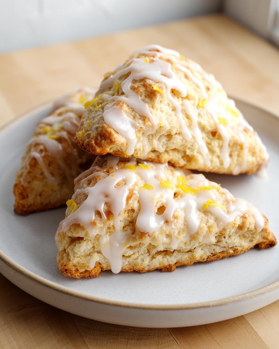Close-up of three freshly baked lemon scones topped with white glaze and bright yellow lemon zest.