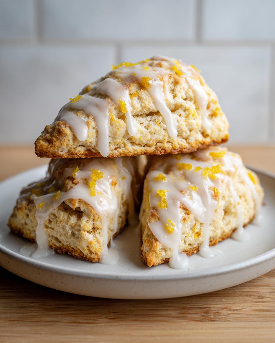 Three freshly baked lemon scones stacked on a plate, drizzled with white glaze and topped with lemon zest.