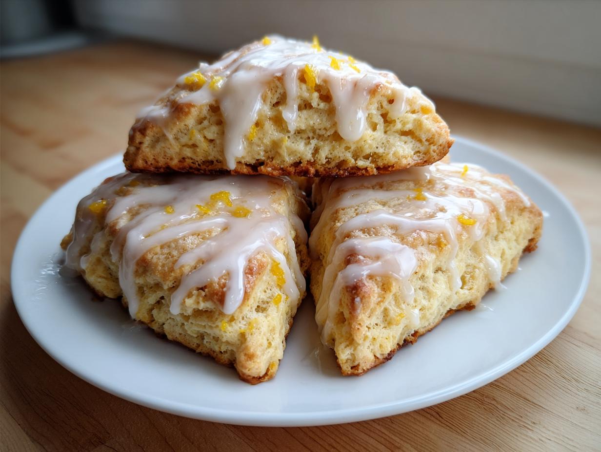 Three triangular lemon scones stacked on a white plate, drizzled with white icing and sprinkled with bright yellow lemon zest.