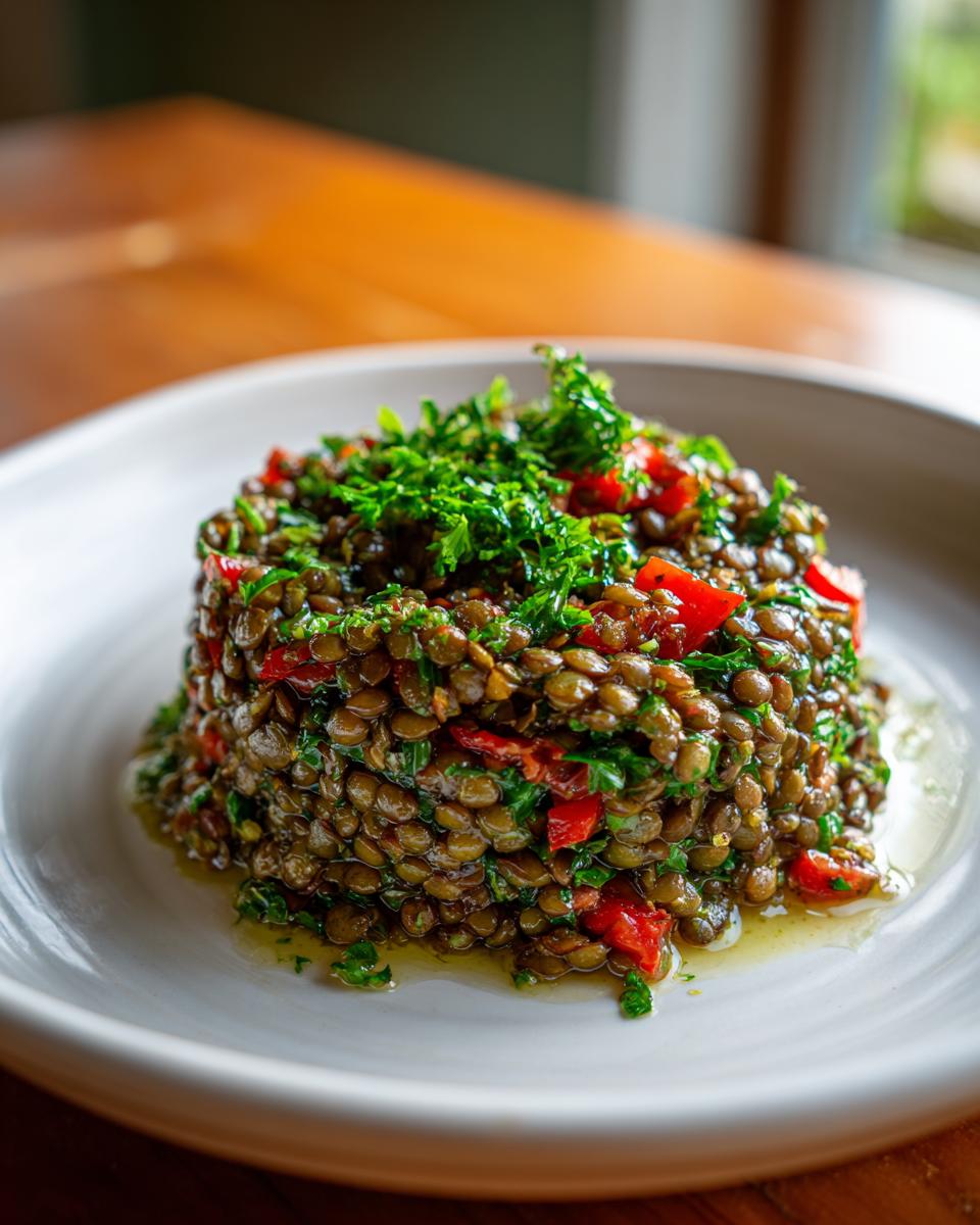 A beautifully molded portion of vibrant lentil salad mixed with red peppers and topped with fresh parsley.