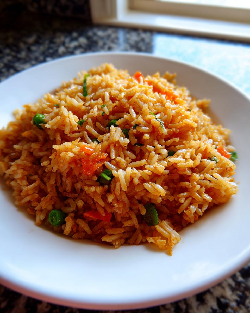 A close-up of fluffy, orange-hued Mexican rice mixed with peas and carrots served on a white plate.