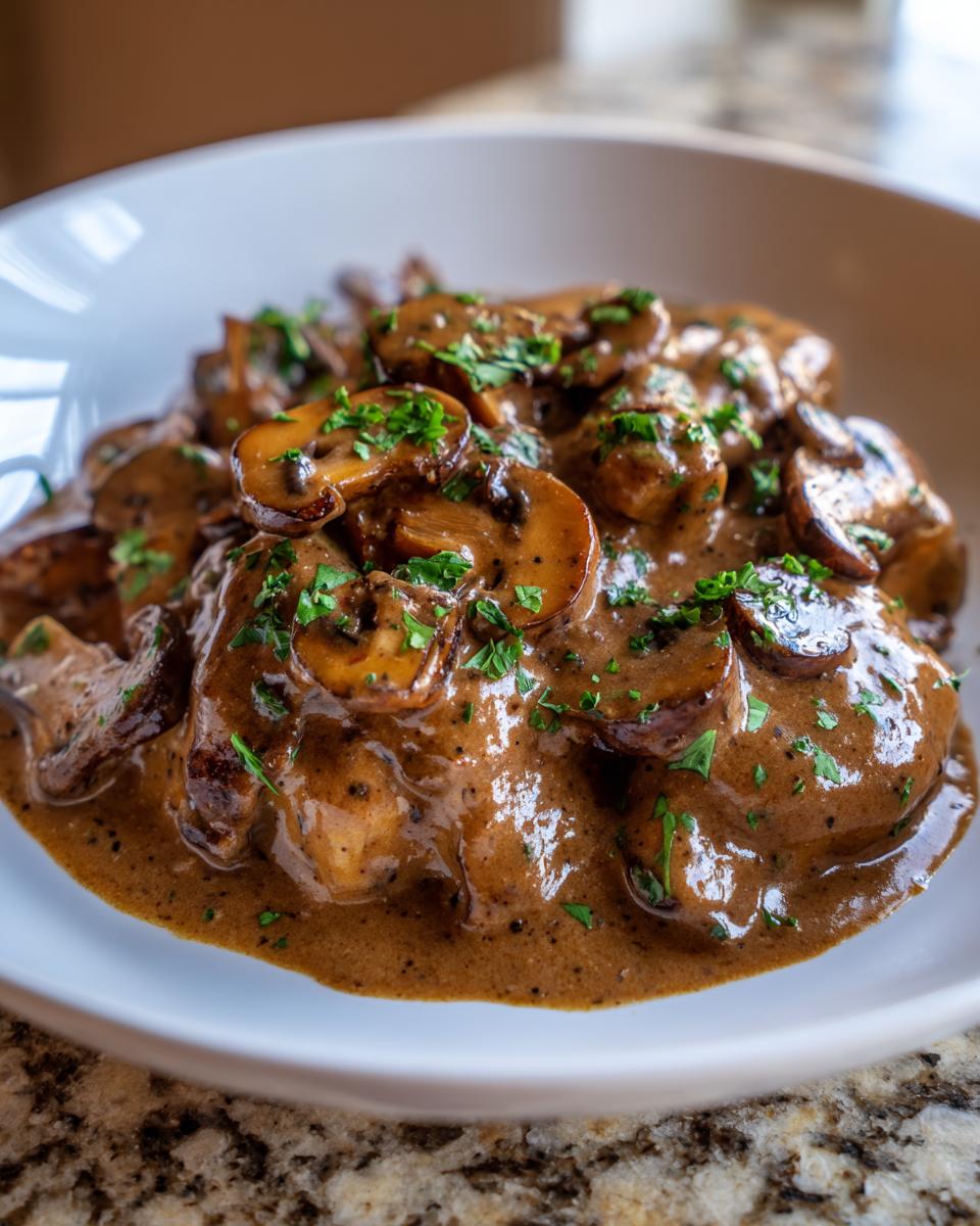 Close-up of food covered in rich, creamy brown mushroom sauce and sliced mushrooms, garnished with parsley.