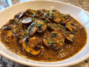 Close-up of a white bowl filled with rich, brown mushroom sauce featuring sliced, sautéed mushrooms and fresh parsley.