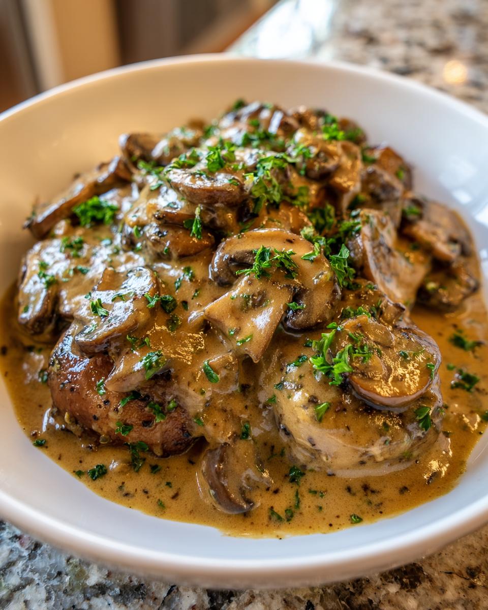 Close-up of seared meat smothered in a creamy, rich mushroom sauce and garnished with parsley.