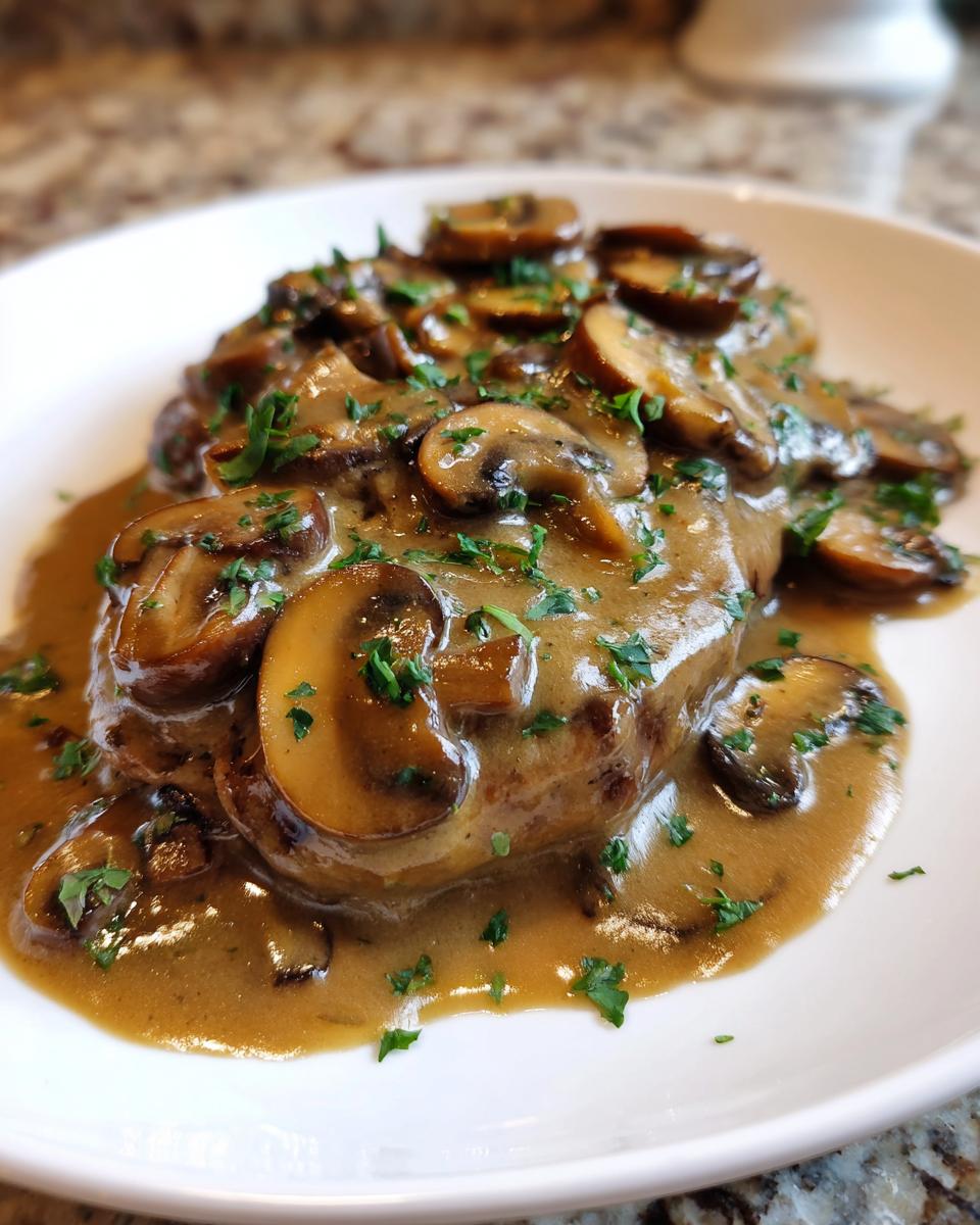 Close-up of a piece of meat smothered in a rich brown mushroom sauce and sliced mushrooms, garnished with parsley.