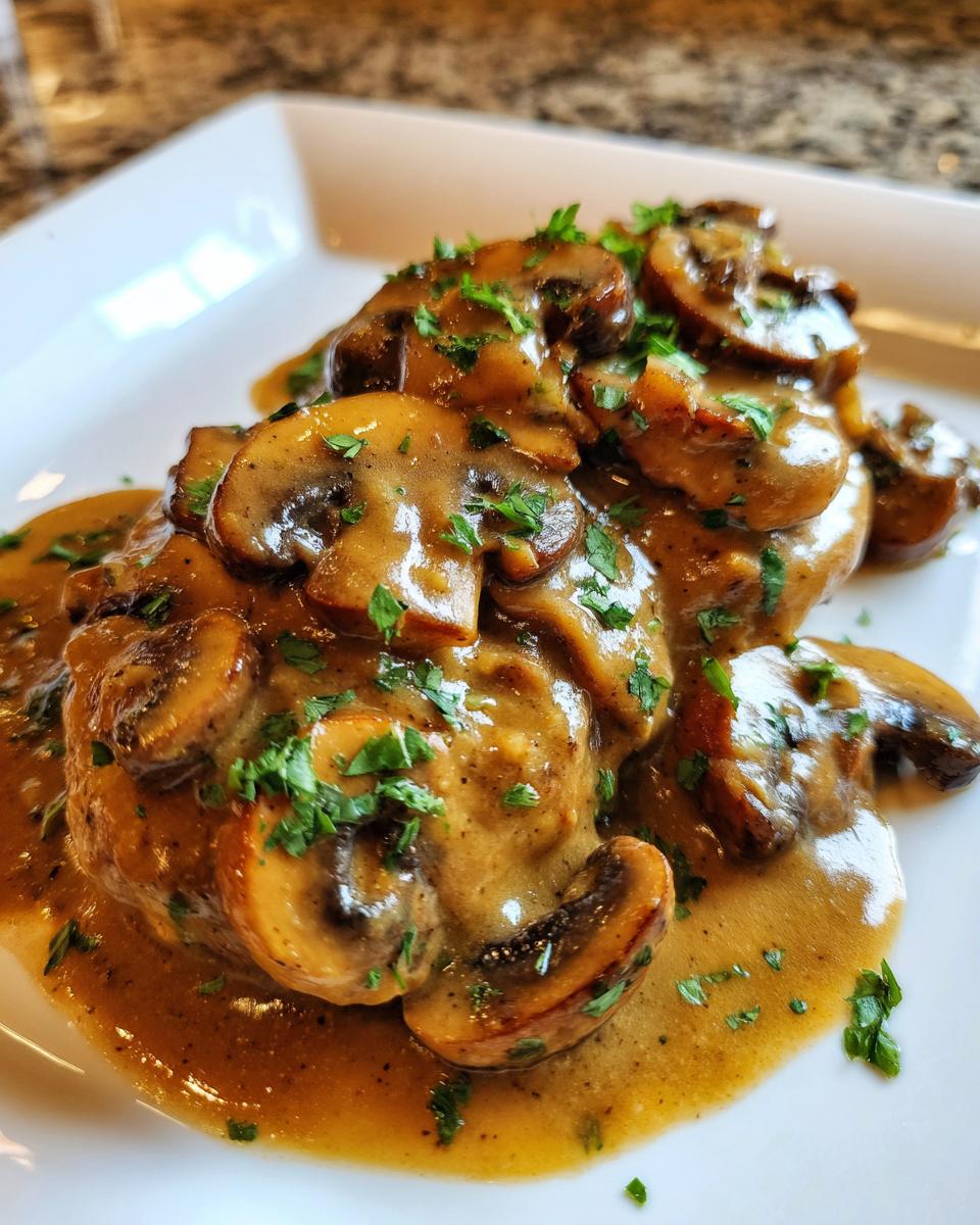 Close-up of a savory dish generously covered in a rich, brown mushroom sauce and sliced mushrooms, garnished with parsley.