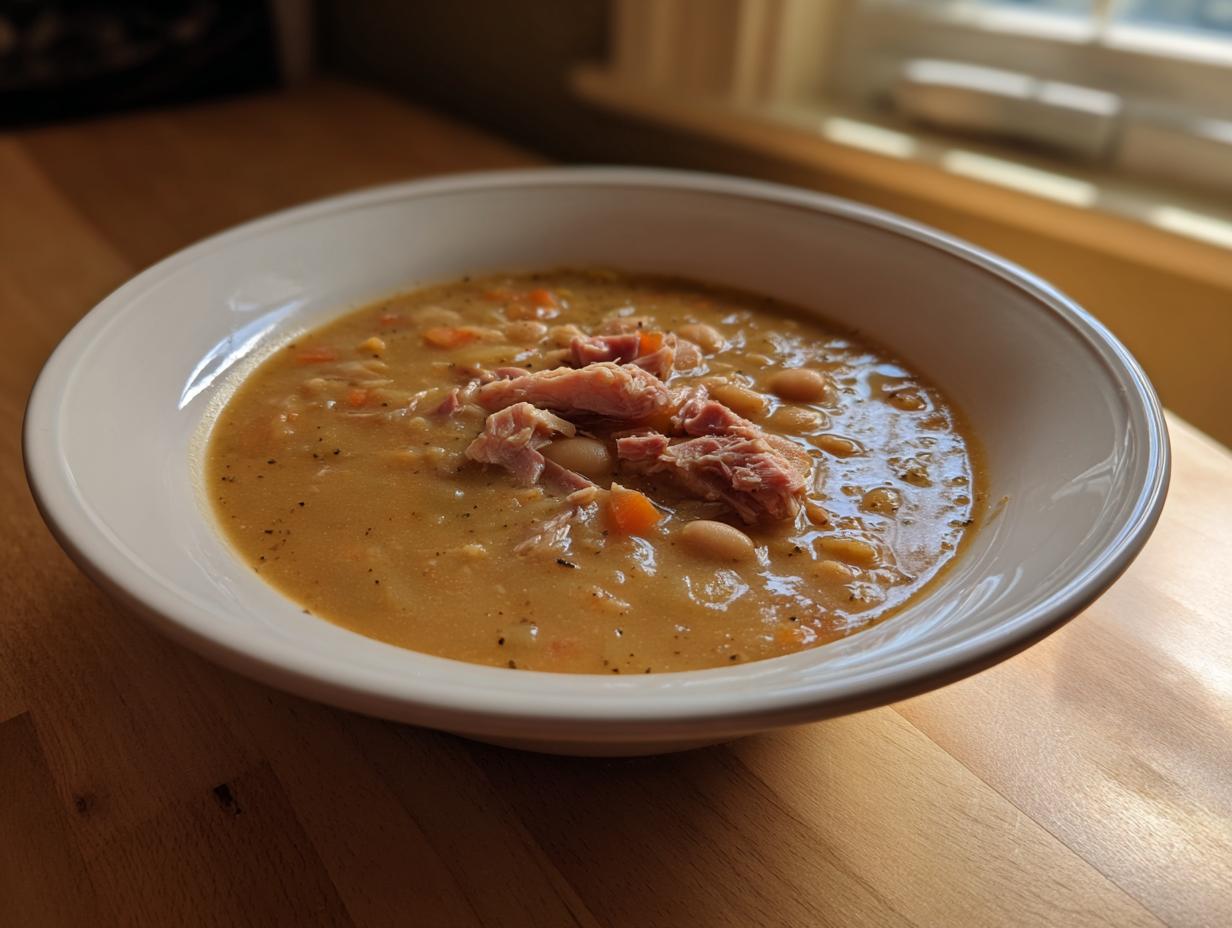 A close-up of a white bowl filled with creamy navy bean soup, topped with shredded ham and carrots.