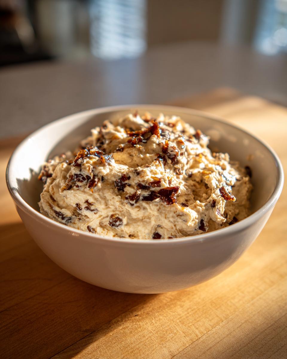 A close-up of a creamy bowl of amazing onion dip topped with dark, caramelized pieces.