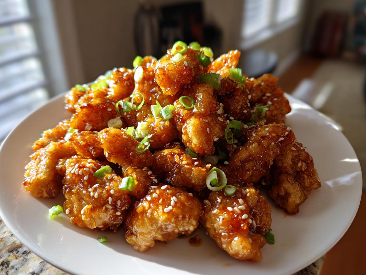 A plate piled high with crispy, glazed pieces of orange chicken recipe, garnished with sesame seeds and sliced green onions.