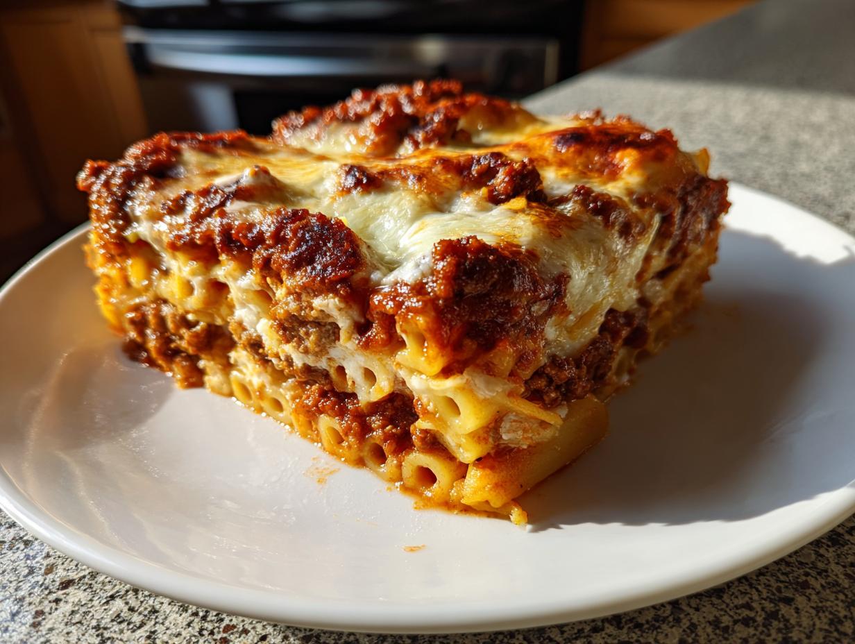 A thick, square slice of baked ziti style pasta bake with rich meat sauce and melted cheese topping.