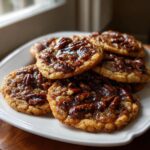 A stack of gooey, caramelized pecan pie cookies topped with whole pecans, resting on a white serving plate.