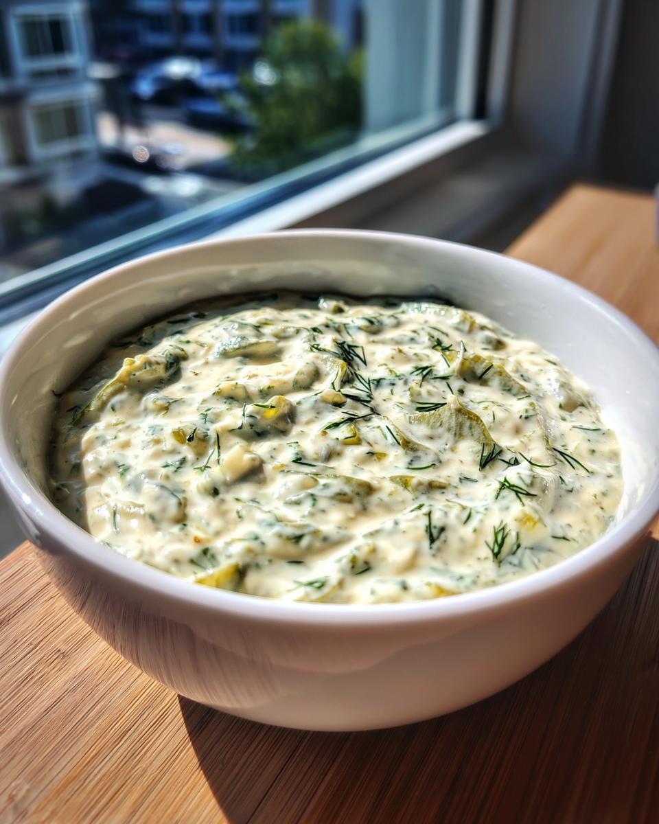A close-up of a white bowl filled with creamy, chunky pickle dip, garnished with fresh dill.