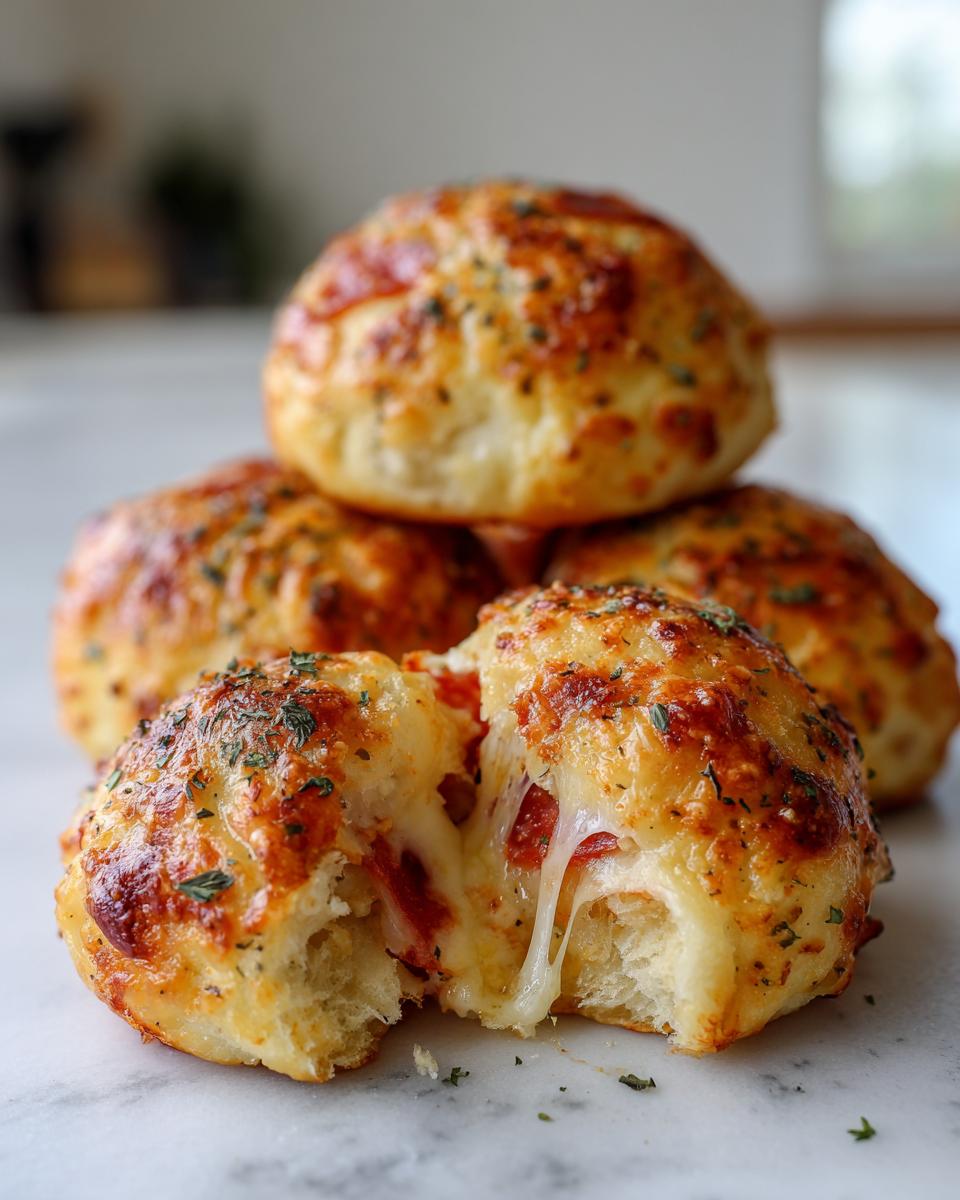 Close-up of homemade pizza bites, one broken open showing melted cheese and pepperoni inside.