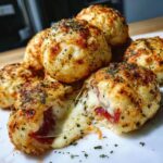 Close-up of golden brown pizza bites stacked, one is broken open showing melted cheese and pepperoni inside.