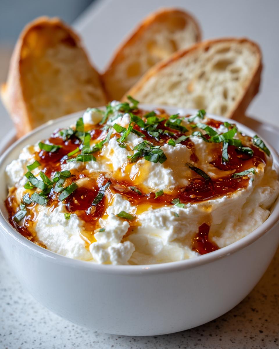 Close-up of a creamy ricotta dip topped with sweet honey and fresh herbs, served with baguette slices.