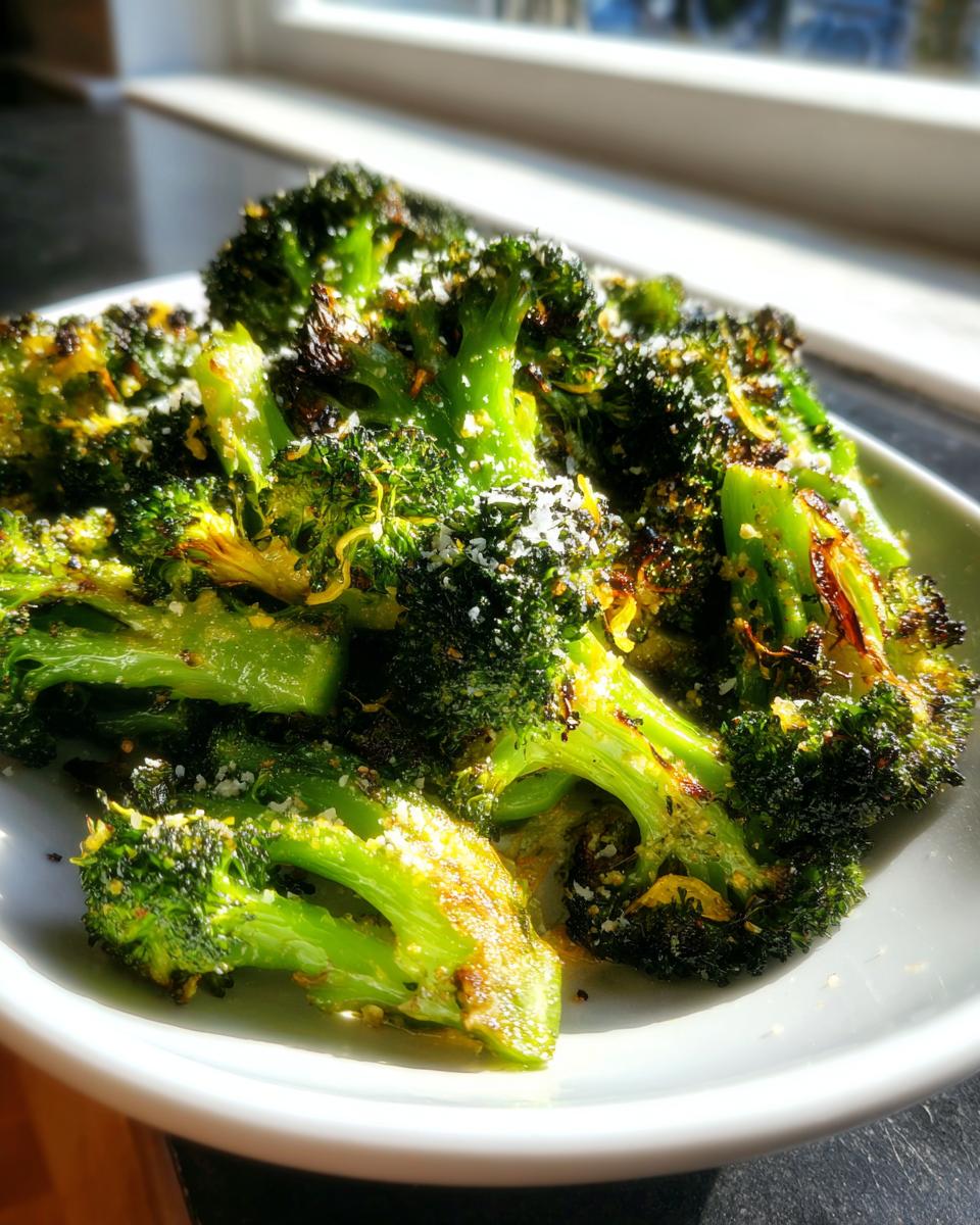 Close-up of vibrant green roasted broccoli florets sprinkled with cheese, showing crispy edges.