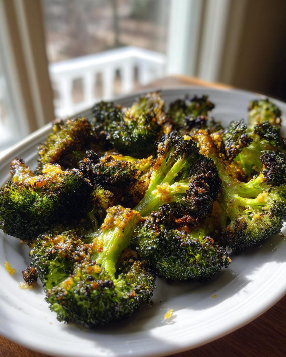 Close-up of crispy, well-seasoned roasted broccoli florets piled on a white plate near a bright window.