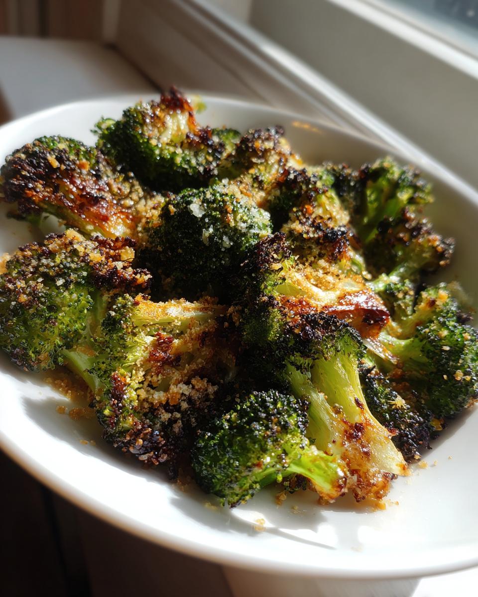 Close-up of perfectly roasted broccoli florets, charred and topped with breadcrumbs or cheese.